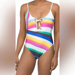 SUNSHINE 79  Rainbow Plunging V - Neck Mai One Piece Swimsuit Size 14